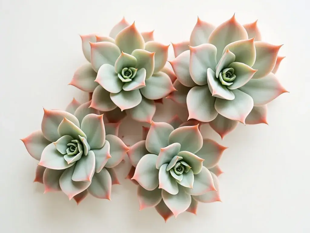 Plakat botaniczny z sukulentem Sempervivum w pastelowych odcieniach zieleni i różu na białym tle