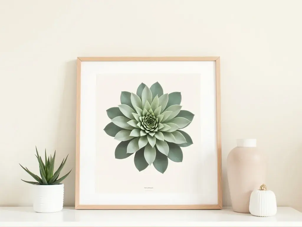 Minimalistyczny plakat botaniczny z motywem sukulenta Sempervivum na białym tle w stylu skandynawskim, oprawiony w jasną ramkę