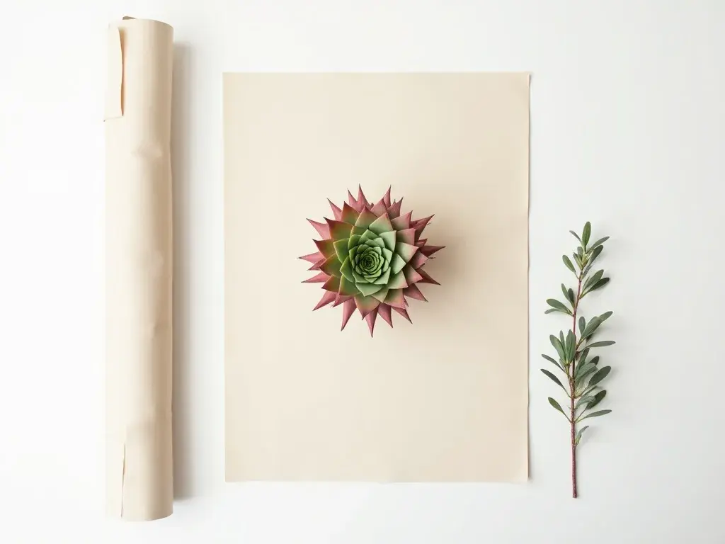 Composição assimétrica de quadros botânicos com ilustrações de Sempervivum em tons de verde-salva e terracota sobre parede branca