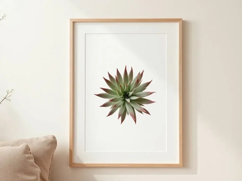 Botanischer Sempervivum-Print in warmen Beige- und Sandstontönen als Wandbild im Wohnzimmer