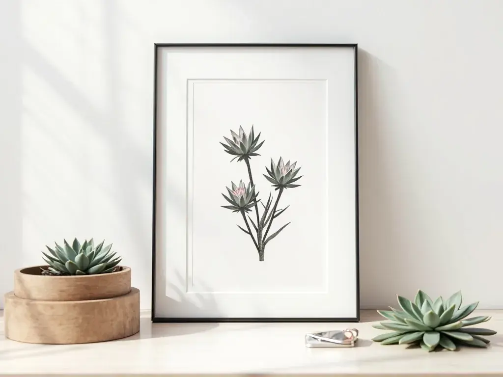 Black and white botanical print of a Sempervivum succulent rendered in fine line art, showing detailed rosette texture on a clean white background