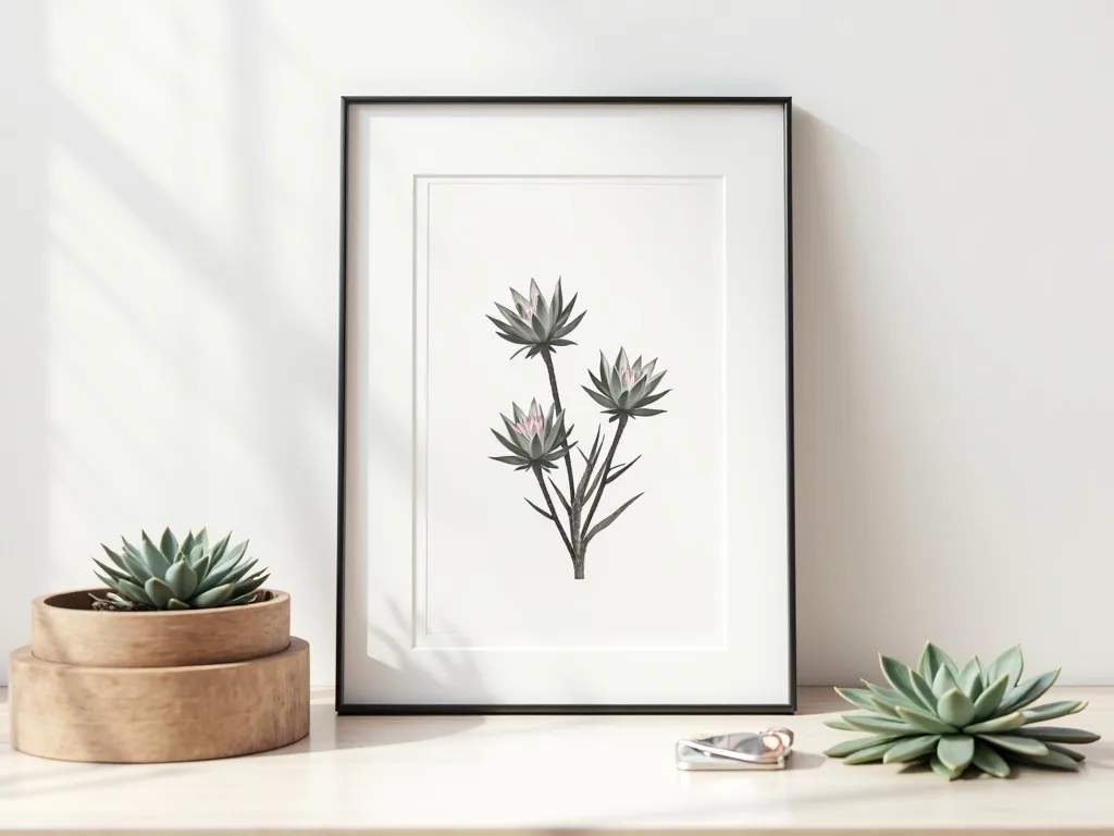 Black and white botanical print of a Sempervivum succulent rendered in fine line art, showing detailed rosette texture on a clean white background