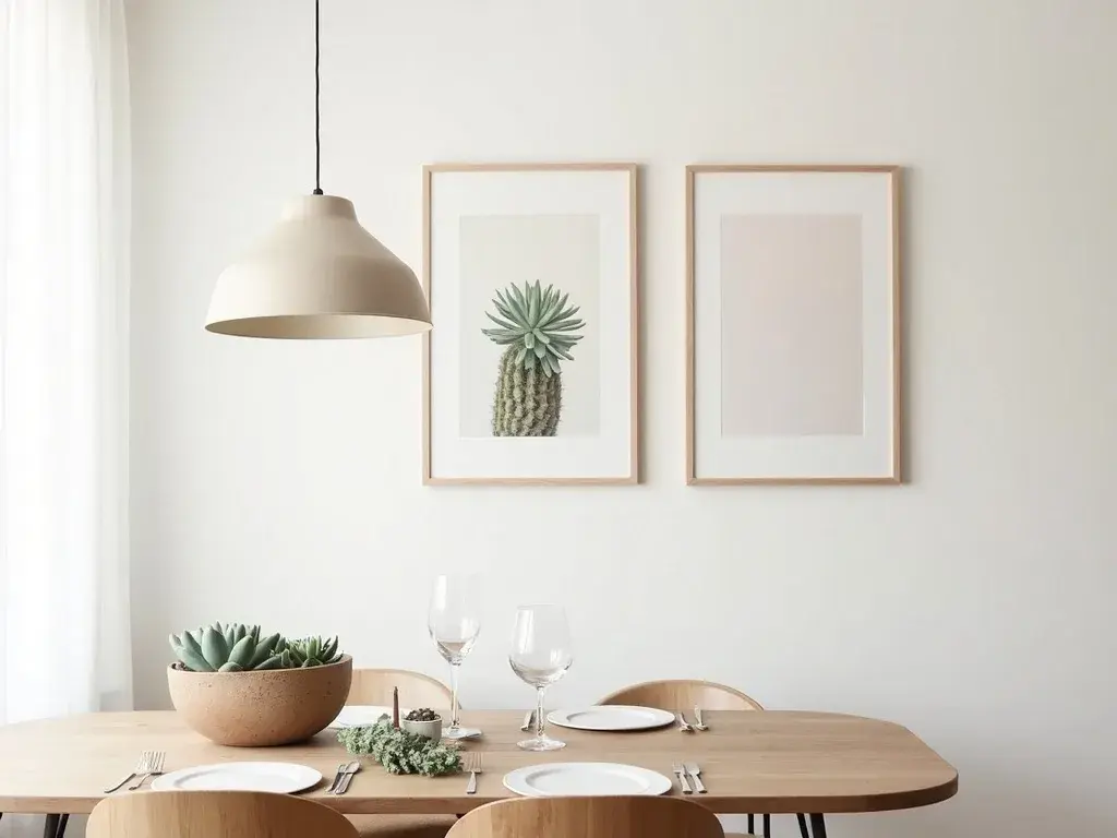 Five Sempervivum botanical prints arranged in a horizontal gallery wall above a dining table, rendered in terracotta and sage green tones