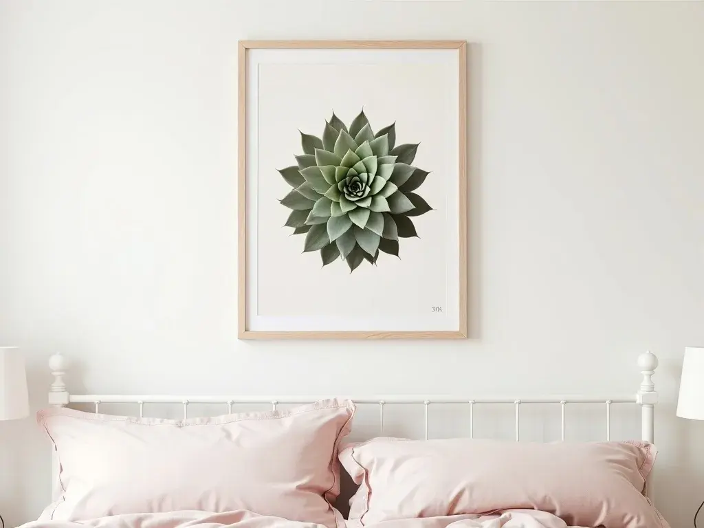 Quadro botânico digital de Sempervivum em tons borgonha e verde-musgo, impresso em formato 20x30 cm e posicionado acima de criado-mudo com abajur dourado