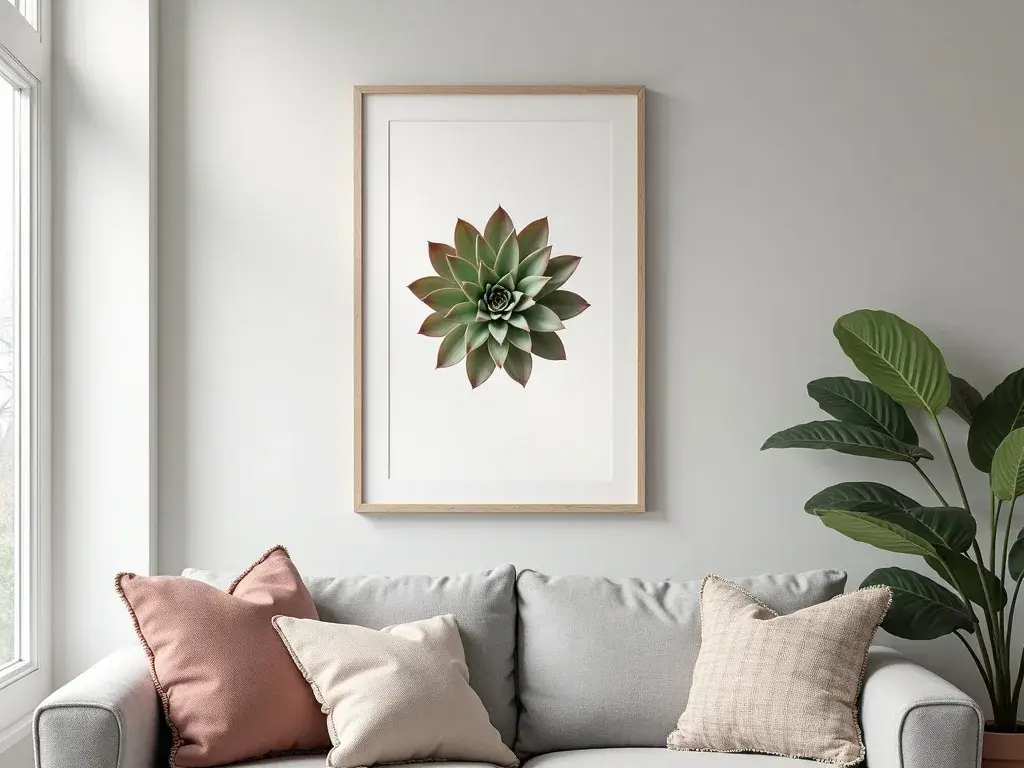 Botaniczny plakat z sukulentem Sempervivum w odcieniach zieleni i szarości jako dekoracja szarego salonu