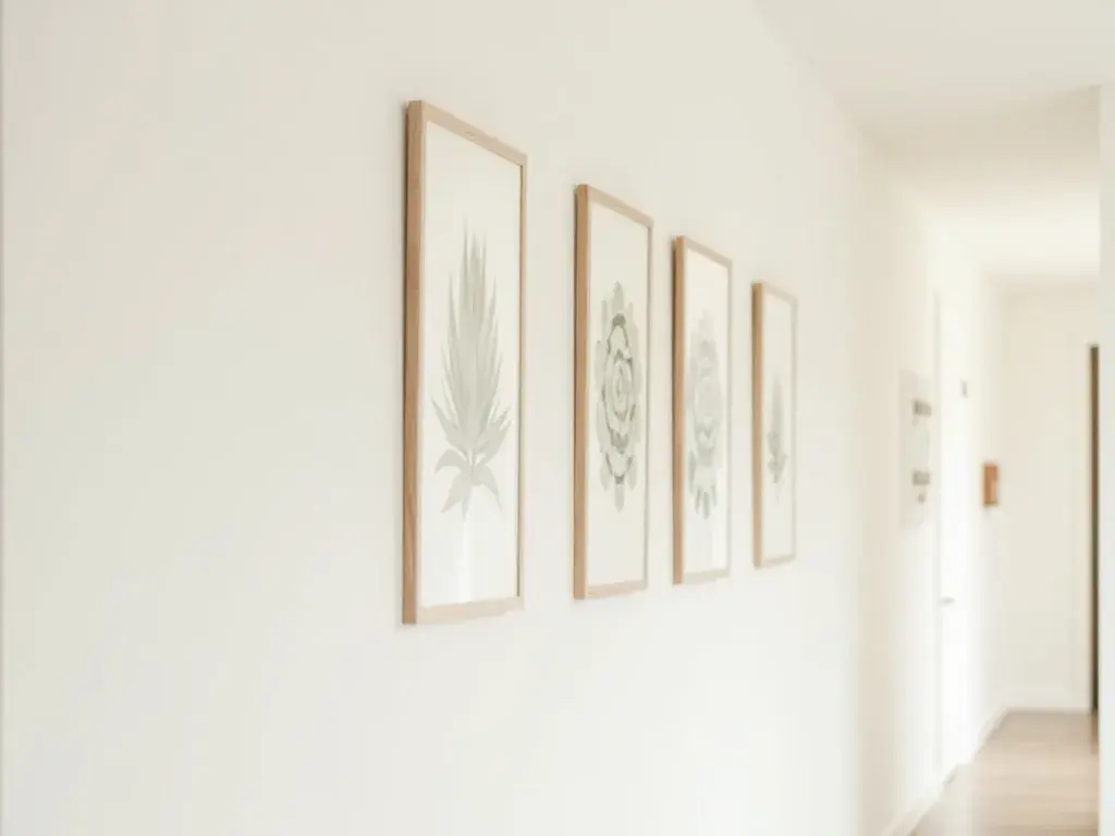 Vertikale Bilderwand im Flur mit drei botanischen Sempervivum-Drucken im Format 21×30 cm, hellgraue Wand, schmaler Eingangsbereich