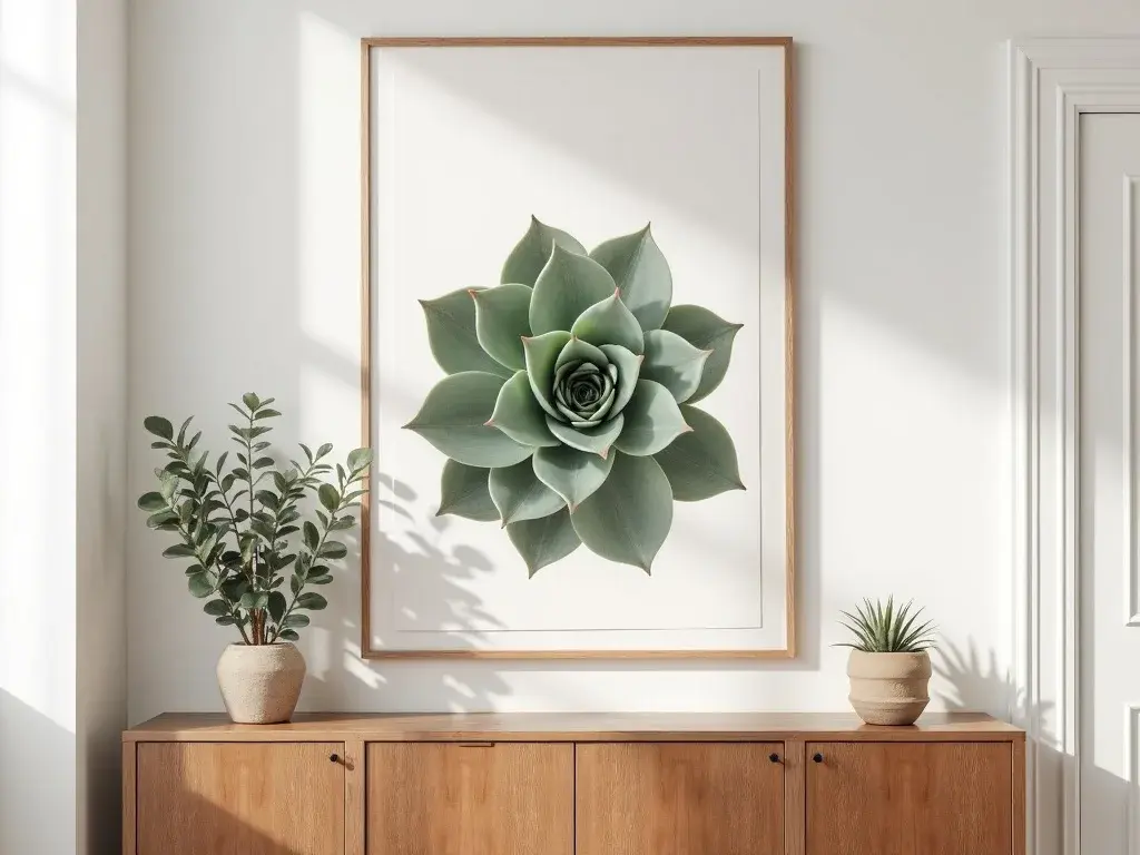 Large-format botanical print of a Sempervivum succulent rendered in soft sage and dusty rose, styled on a white living room wall