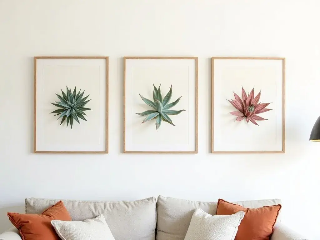 Three-piece sempervivum botanical print triptych arranged on a white wall, centrepiece 40×50 cm flanked by two 21×30 cm verticals with 5 cm gaps