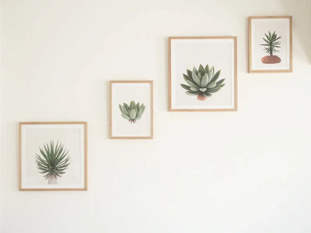 Five vertical Sempervivum botanical prints arranged in a diagonal staircase gallery wall, warm sage and amber tones on a white wall