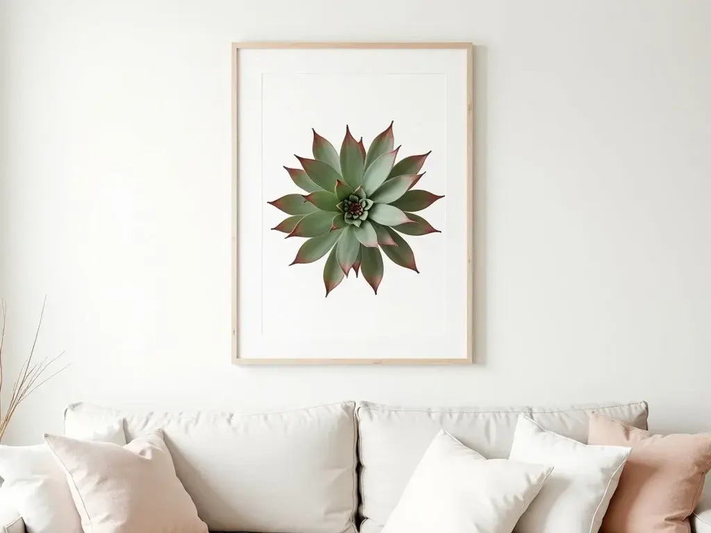 Botaniska posters med sempervivum-motiv i formaterna 30×40 och 50×70 cm arrangerade som tavelvägg bakom soffa