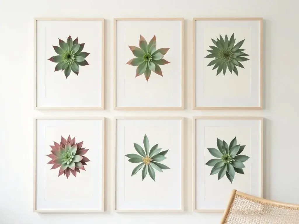 Botanisk poster med detaljerat sempervivum-motiv i mjuka gröna toner, designad för vardagsrummets vägg