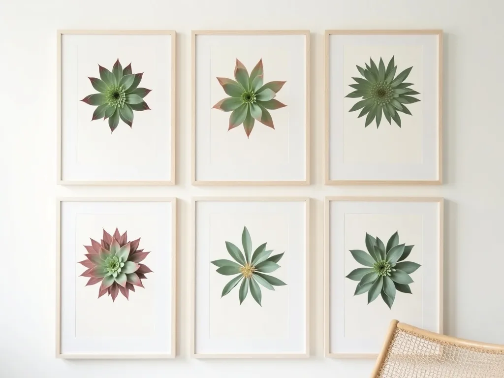 Botanisk poster med detaljerat sempervivum-motiv i mjuka gröna toner, designad för vardagsrummets vägg